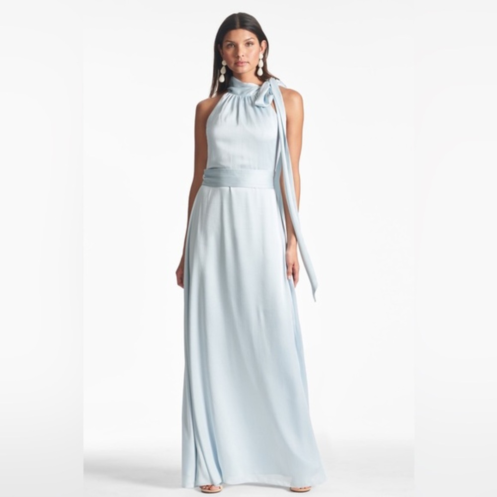 Sachin & Babi Kayla Gown Tie Neck Maxi Crinkle Dress Ice Blue